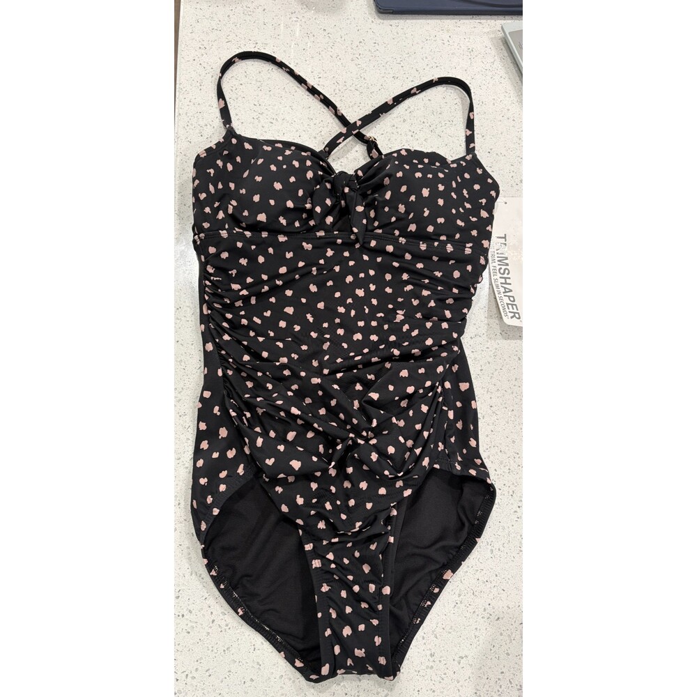 Trimshaper Black brown  peep hole front one piece swimsuit sz 10 NWT NEW